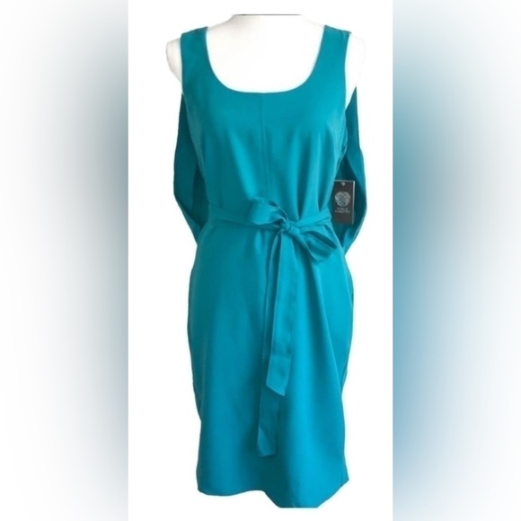 NWT Vince Camuto sleeveless teal dress. Pleated cape back. wrap sash belt. 2 - Picture 15 of 16